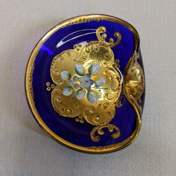 Czeck Cobalt Blue Glass trinket dish with hand painted gold designs - Picture 2 of 6